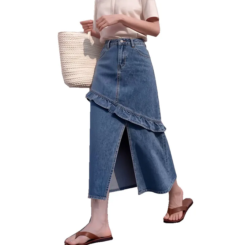 Elegant Ruffle Denim Long Skirts Womens Summer Vintage Side Slit Jeans Pencil Skirt Slim High Waist Women Long Skirt