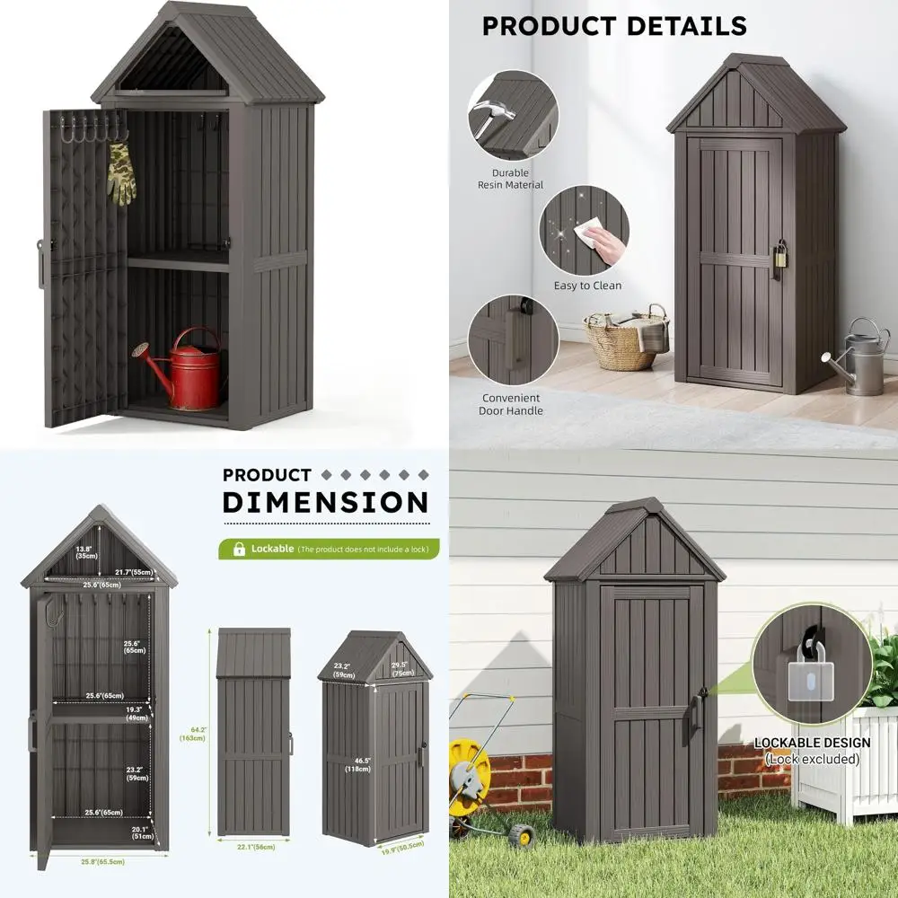 

Серый водонепроницаемый уличный шкаф для хранения из полимерной смолы со съемными полками, крючками и функцией запирания, для мелких инструментов, идеально подходит для гаража