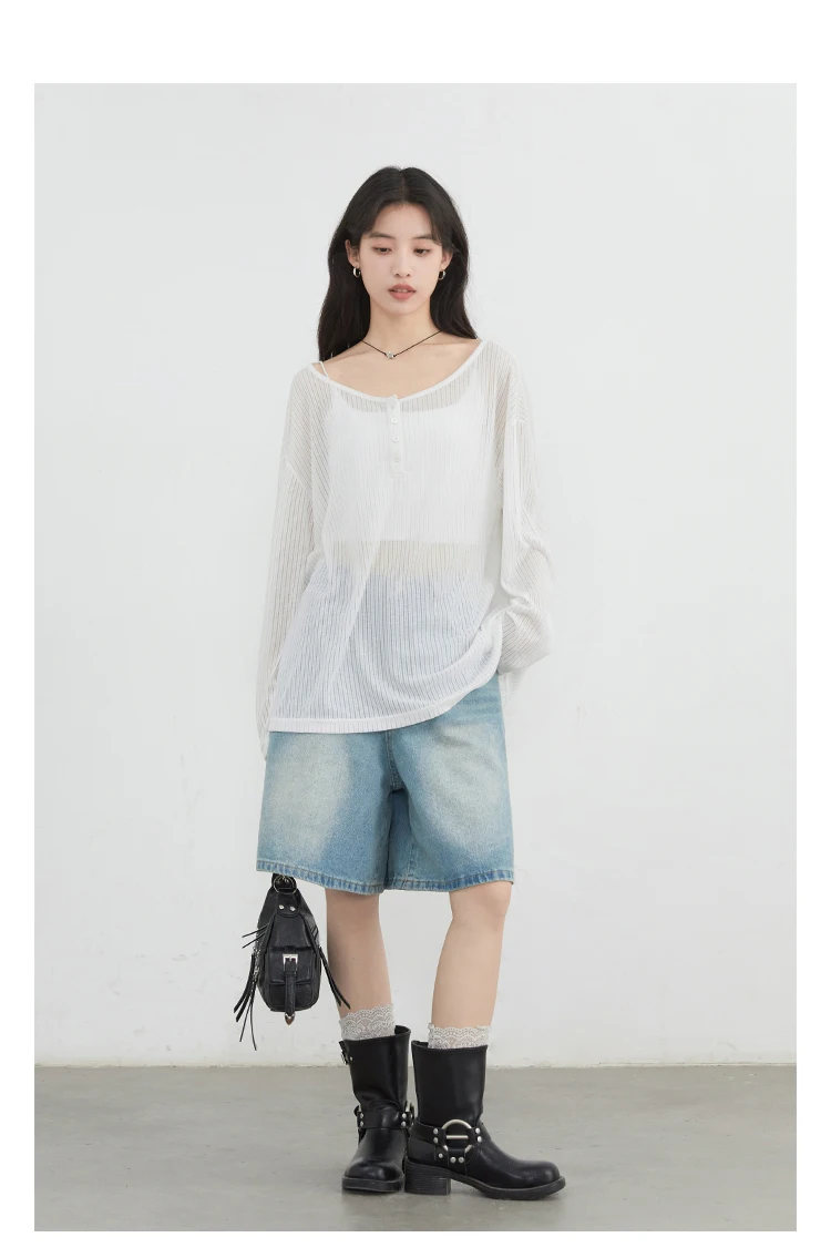 CHIC VEN Frauen T-Shirts Casual Lose Neue Etwas Transparent O Hals Weibliche Top Dünne Sonnenschutz Tees Frühling Sommer 2025 – Detail 14