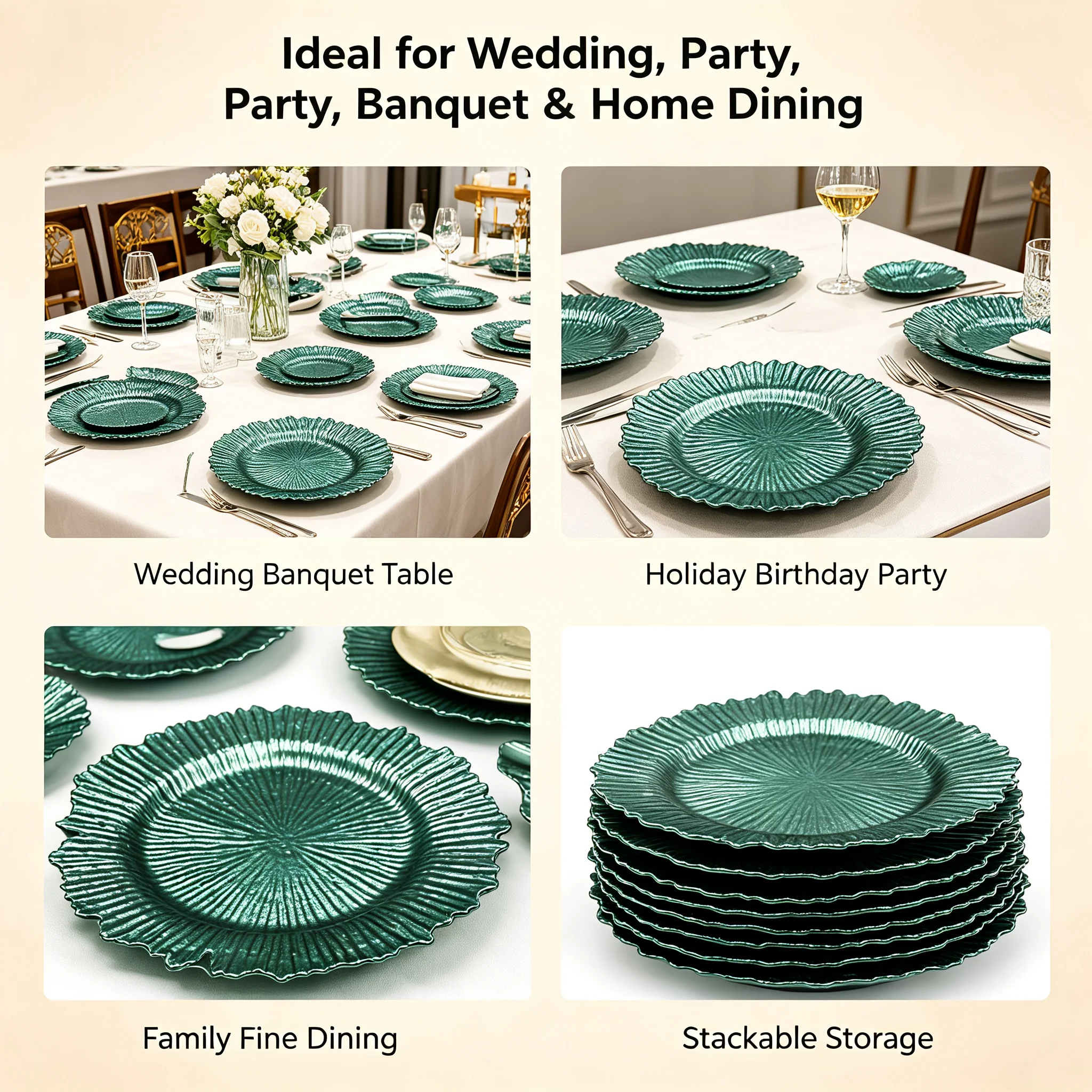 12.6in Charger Plates 24Pcs Plastic Round Dinner Charger Plates with Electroplated Coral Reef Design, Green Decorative Plates for Weddings Parties Banquets