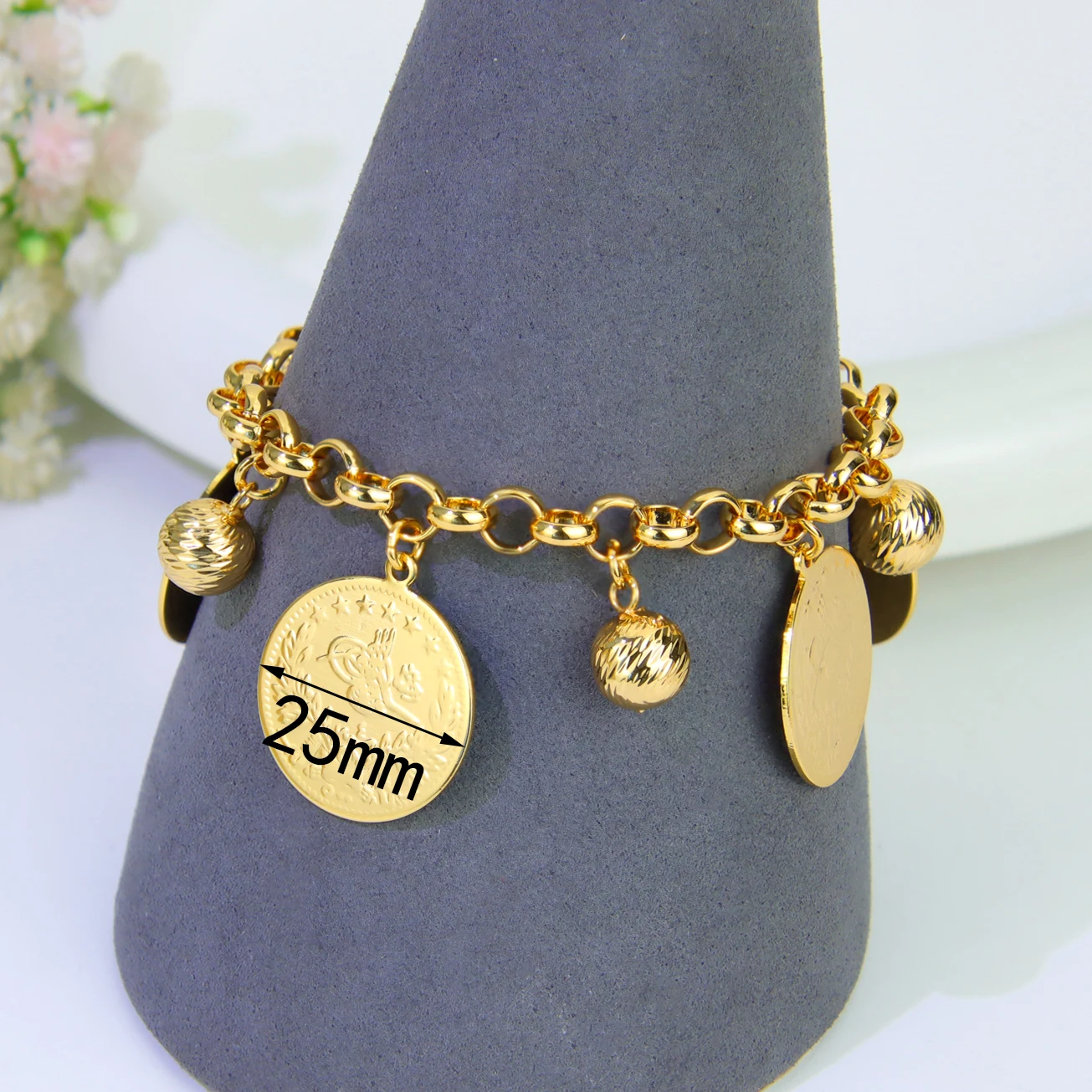Klassisches arabisches Goldmünzen-Anhänger-Armband, 21 Karat vergoldet, Algerien, Brautmode, Handketten, Dubai, Damen, Hochzeit, Party-Schmuck – Detail 12