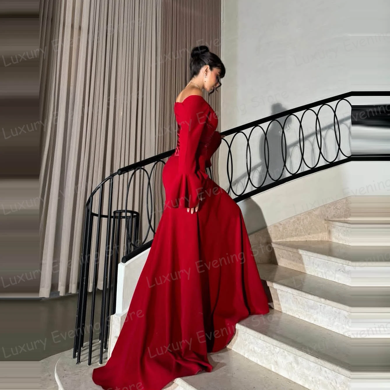 فساتين سهرة حمراء بسيطة للنساء حورية البحر مثيرة بأكمام طويلة وكشكشة فساتين حفلات بدون أكتاف موضة فيستدوس دي نوفيا مخصصة