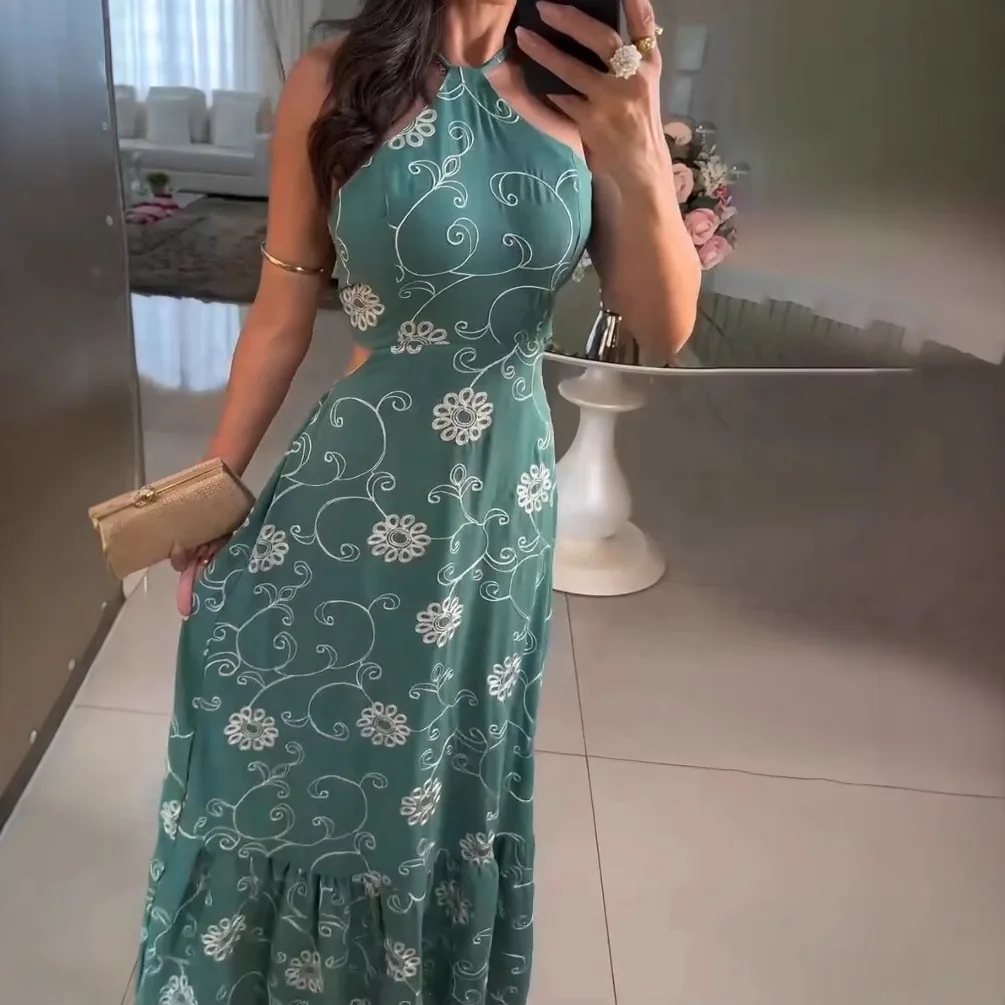 

Sexy Backless Strap Printed Sleeveless Floral Ruffle Dress Women 2025 Summer Elegant Neck Halter Dress For Women