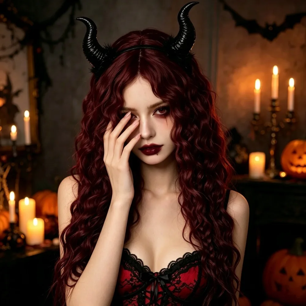 Halloween Costume Wig Props Medium Bangs Small Curls Long Hair Head Cover Mechanism Synthetic Hair Cosplay Party Wig