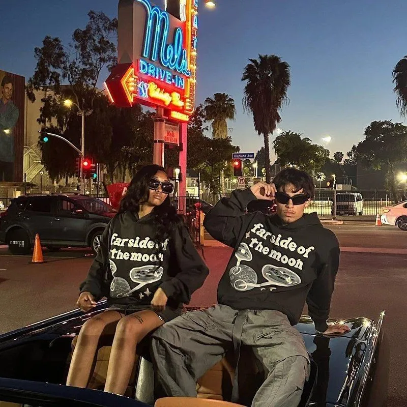 Couple's Y2K American Sle Faux Fur Hoodie Sweatirt Print High Street Casual 2023 Ro Sle A-Line Long Sve ort Dr