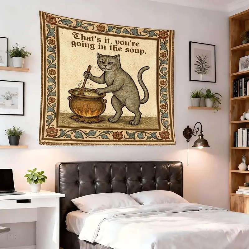VIKAMA Wall Tapestry Retro Funny Cat Soup Tapestry Medieval Illustration That's It You're Going In The Soup Text Printing