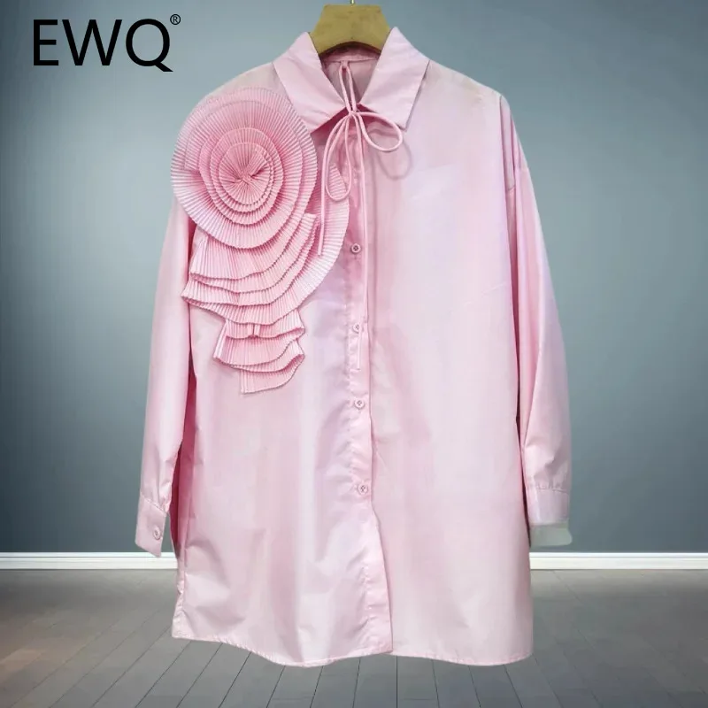 EWQ 3D Flower Spliced Lace-up Design Shirt Women Lapel Collar Solid Color Single Breasted Loose Clothing 2024 Summer New 27C892