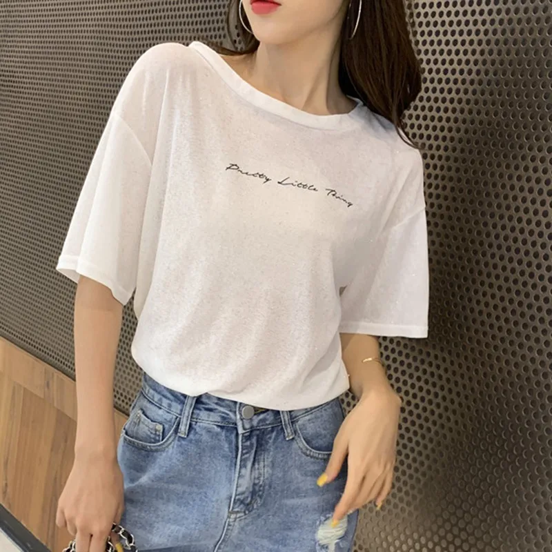 Women\'s T-Shirt Casual Shiny Round Neck Letter Print Short Sleeve Loose Pullover Simple Backless Top