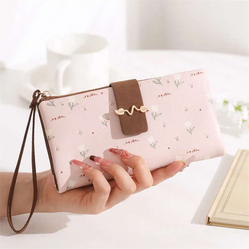 Flower Printed PULeather Wallet Large Capacity Clutch Zippered Card Holder & Photo Compartment, Color blocking Hasp