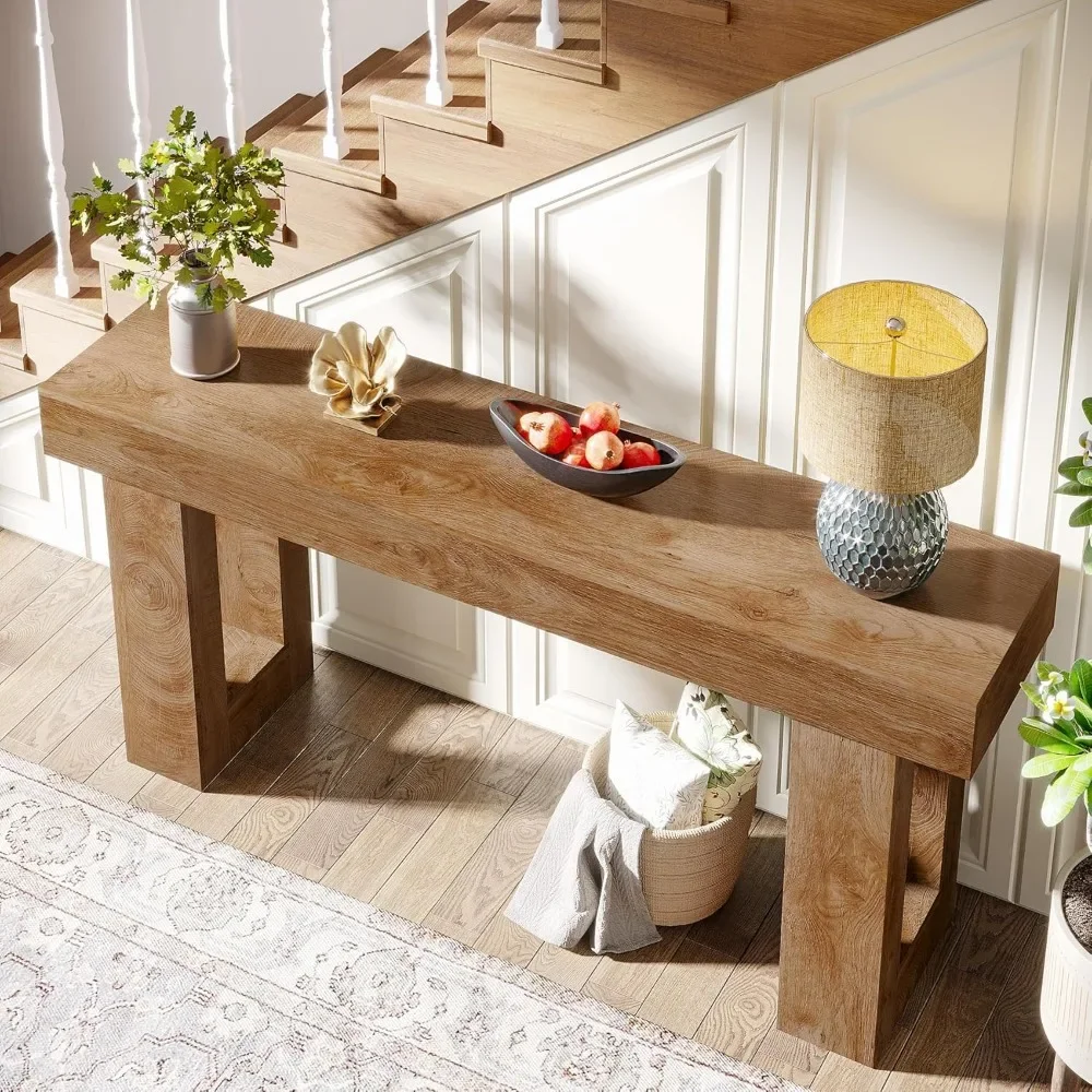 Mesa consola de granja, mesa de sofá estrecha de 63 pulgadas de largo detrás del sofá, mesa de entrada rectangular de madera para sala de estar