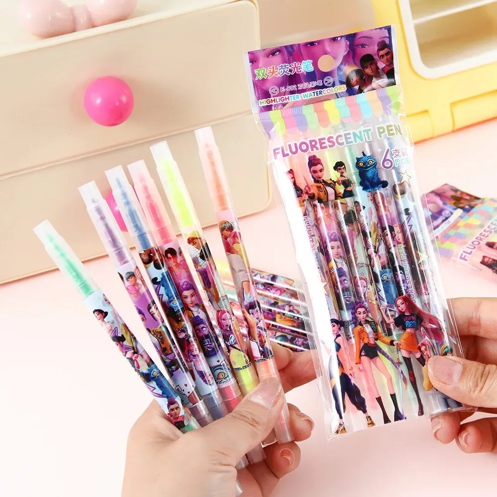 

Набор из 6 маркеров-выделителей с двойным наконечником Kpop Demon Hunters Huntrix Rumi для аниме, дневников, рисования, DIY, школы, полезные канцелярские принадлежности