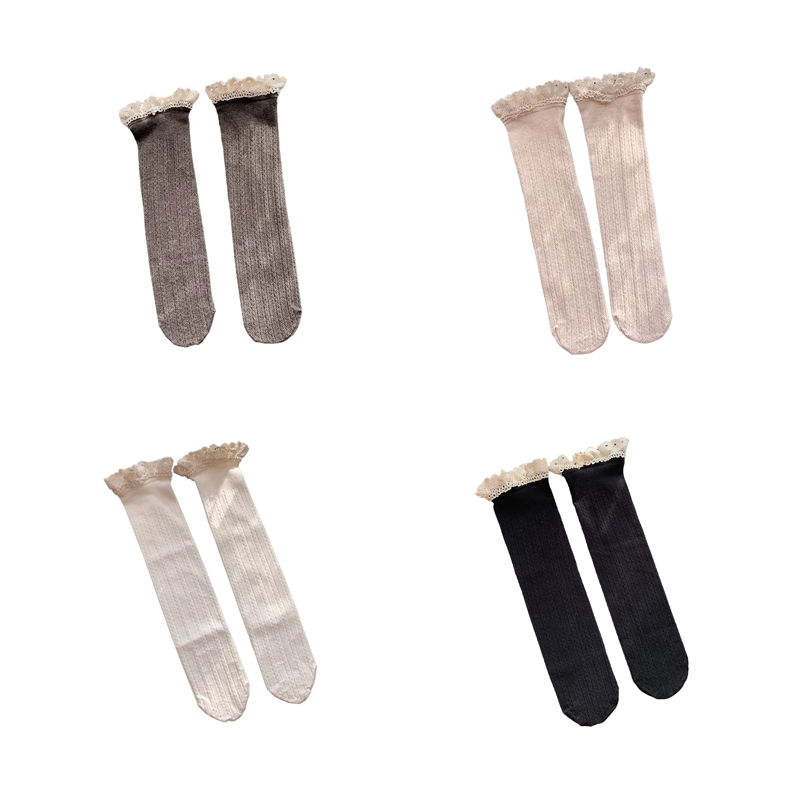 

Women Japanese Vertical Striped Ribbed Knee High Socks Sweet Lace Trim Frilly Ruffle JK Girl Over Calf Long Stockings