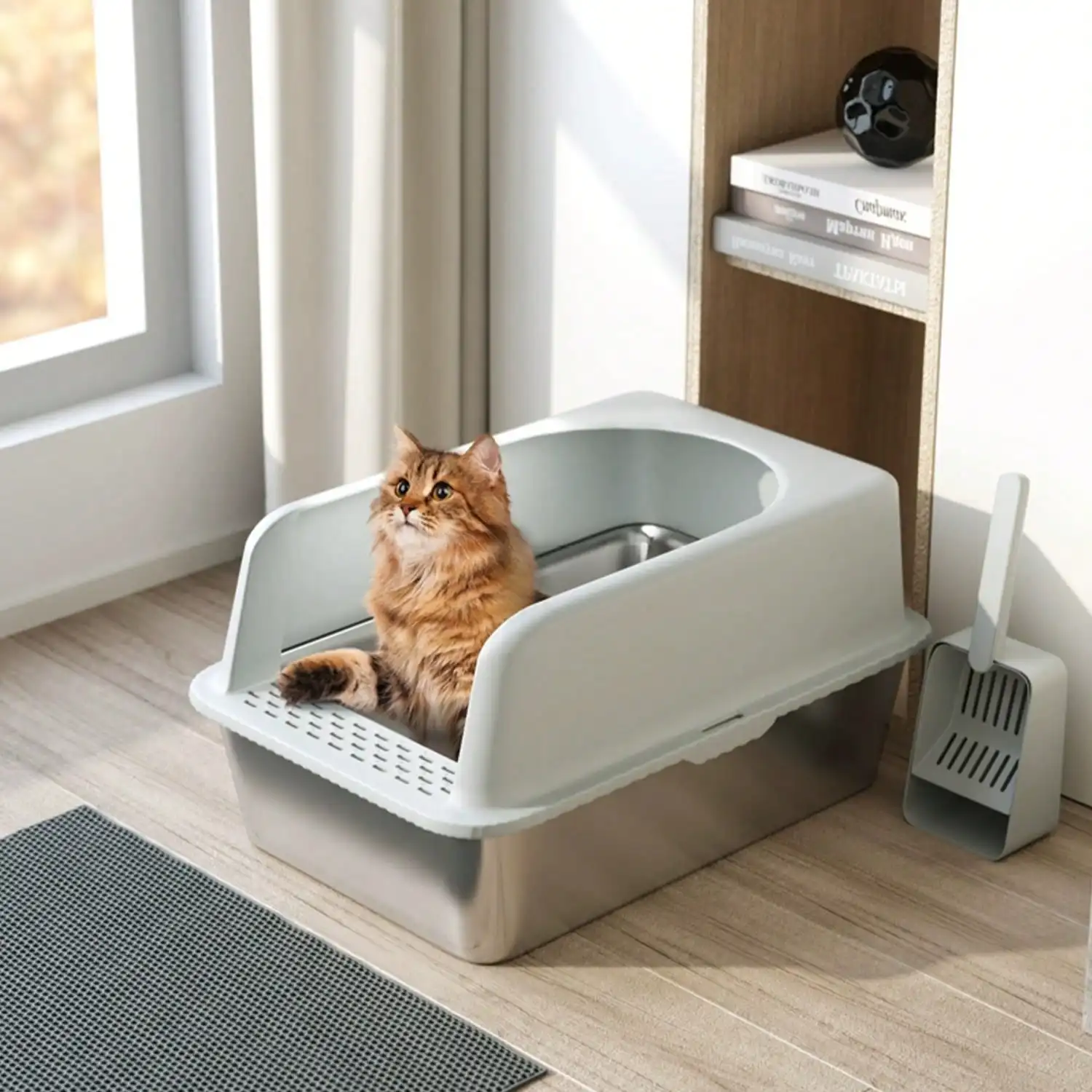 Cat litter box, metal cat litter box with shovel, metal garbage tray for large cats, non stick, leak proof, easy to clean