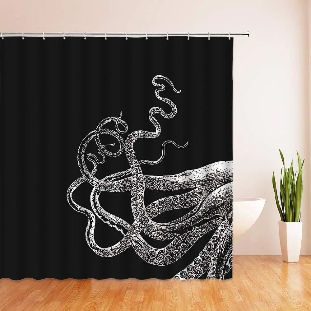 Octopus Tentacle Shower Curtain,Nautical Giant Ocean Kraken Tentacles Attack In Old Style Sail Ship Fabric Bathroom Curtain Hook