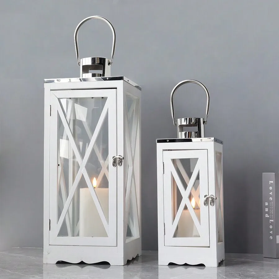 Farmhouse Wood Lantern 24.5'' &17.5'' H Decorative Candle Holders With Tempered Glass & Stainless Steel Handle Hanging Lantern F