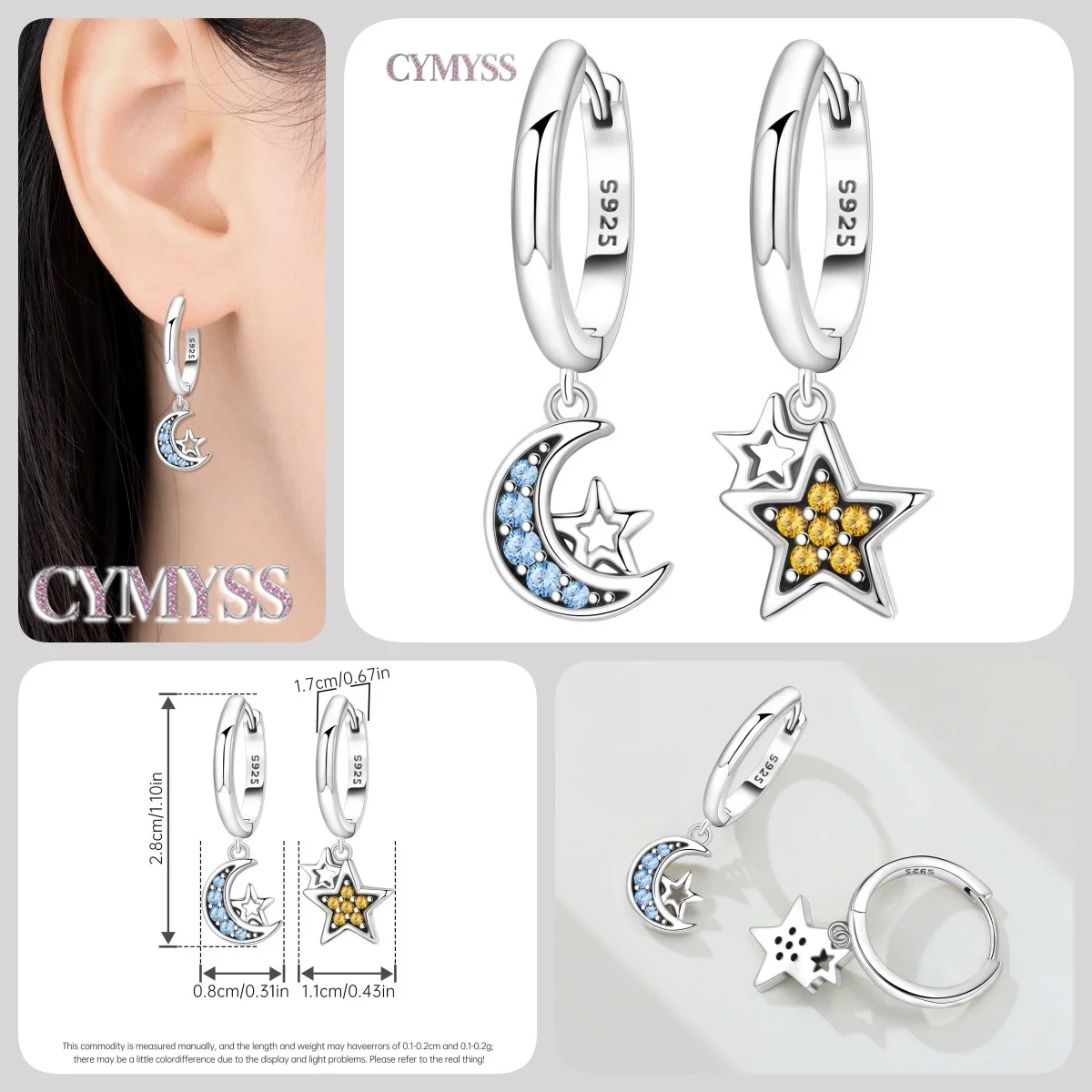 Original 925 Sterling Silber Sterne Mond Bunter Herz-Zirkon Satelliten-Ohrringe Schmuck Creolen für Damen Party Trendige Geschenke – Detail 29