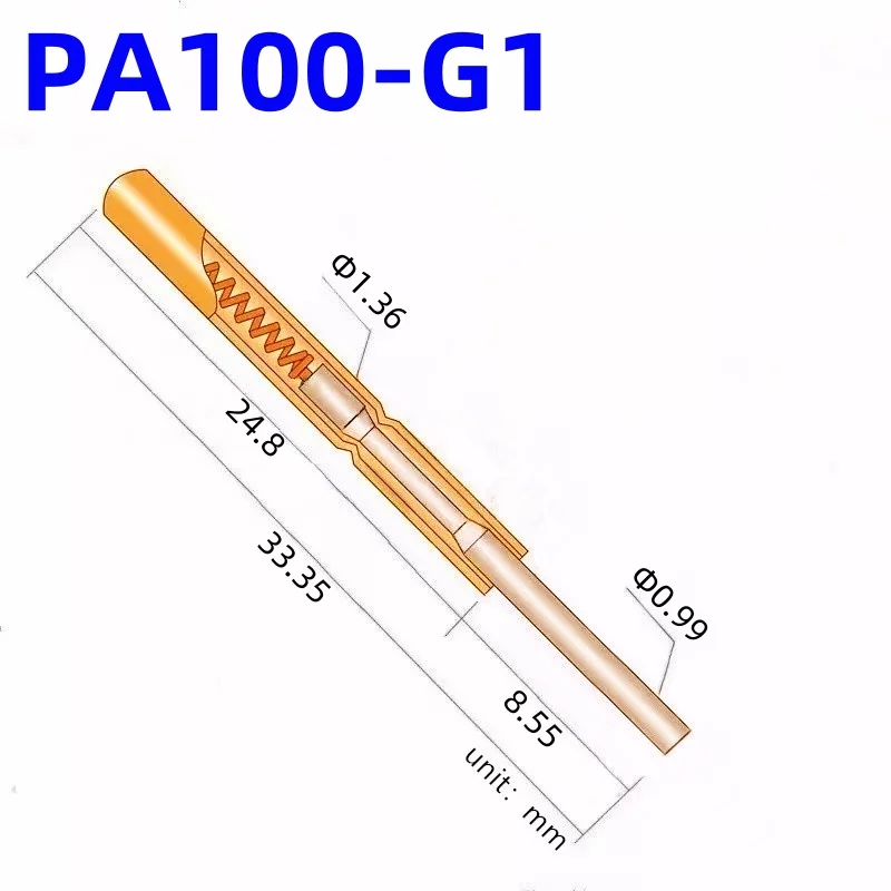 20/100PCS PA100-G1 Spring Test Probe PA100-G Test Pin P100-G P100-G1 Test Tool 33.35mm 1.36mm Needle Gold Tip 0.99mm Pogo Pin