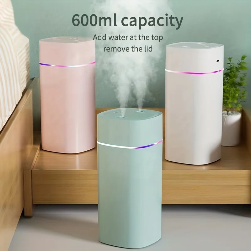 600ml Cool Mist Portable Humidifier - Compact Dual Spray Desktop Humidifier with LED Light, USB Powered, Whisper Quiet Operation