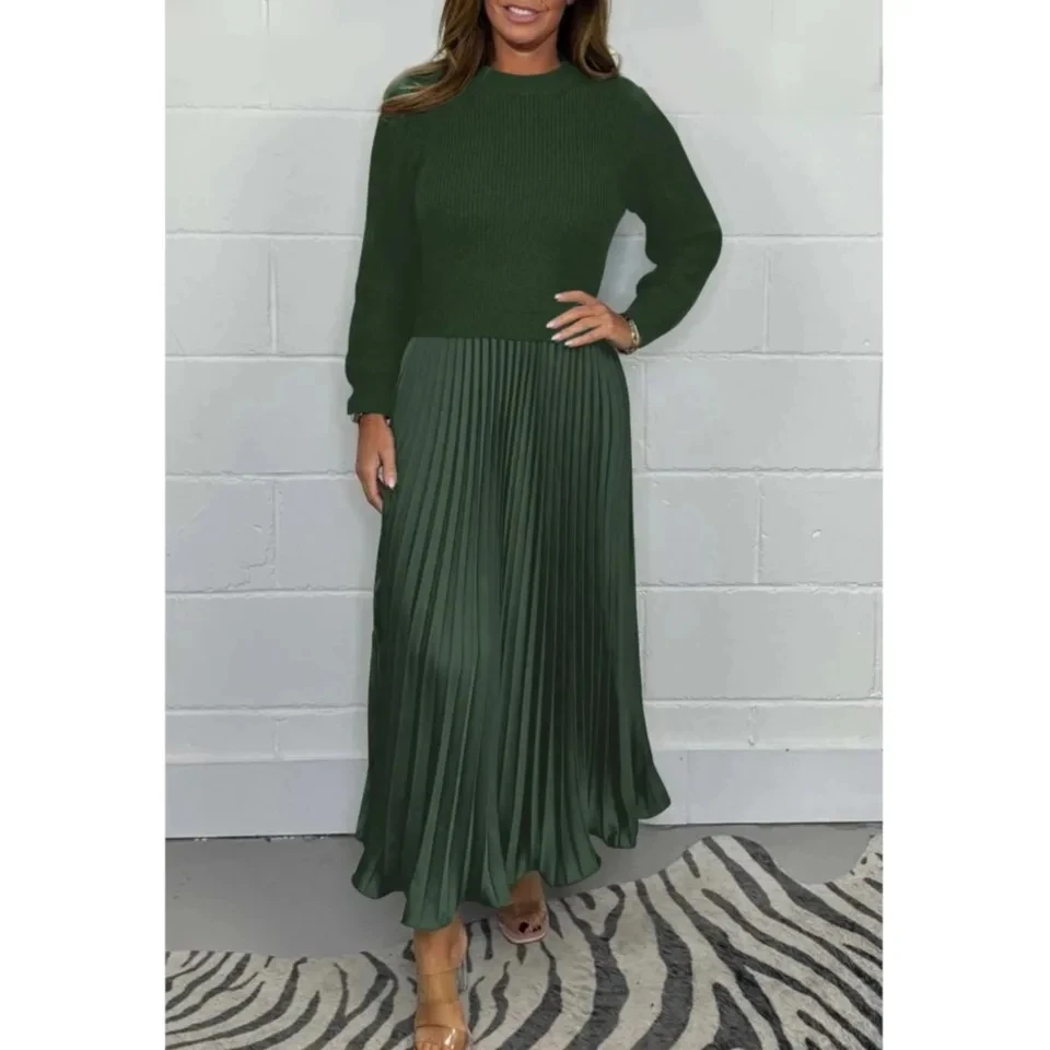 

Fashion Knit Color Matching Long Sleeved Women's Dresses Autumn And Winter New Elegant Lady Pleated Knitted Female Dresses