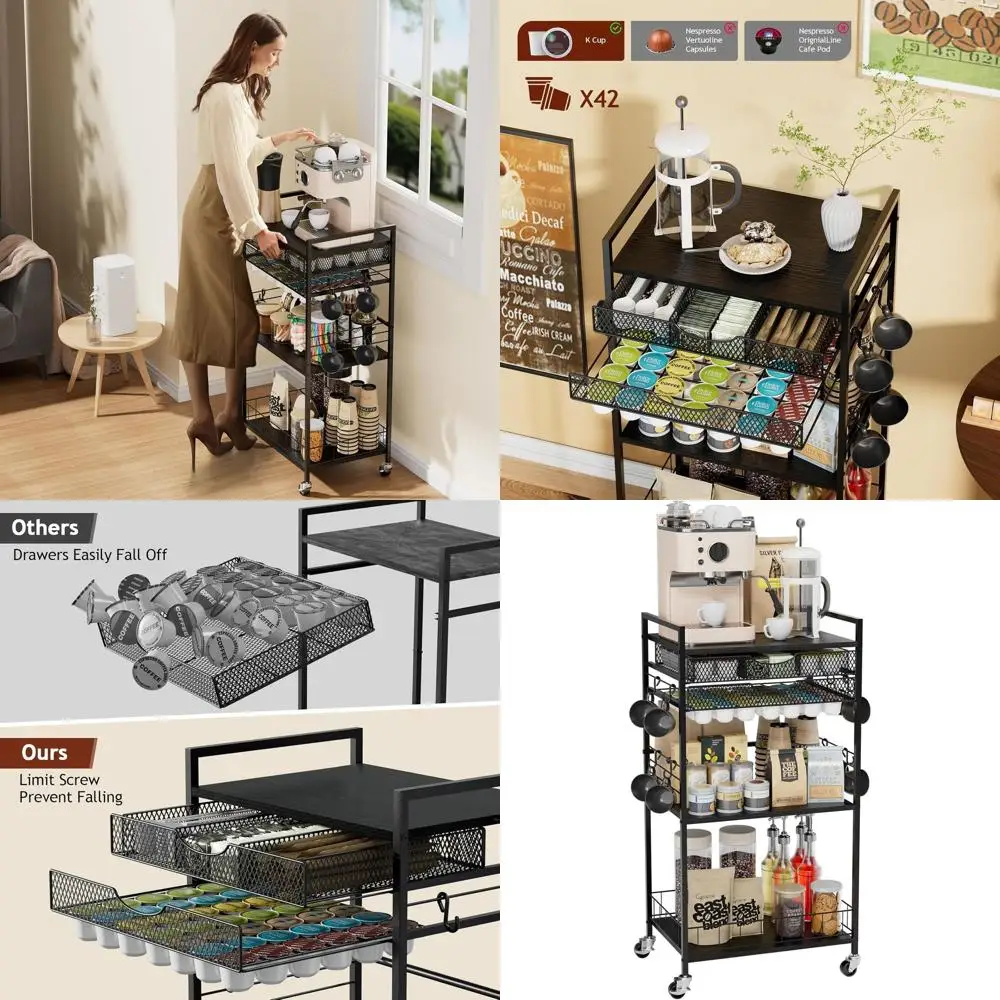 

5-Tier Coffee Bar Station Organizer with Storage for K-Cups, Tea, Sugar - Black Kitchen Cabinet