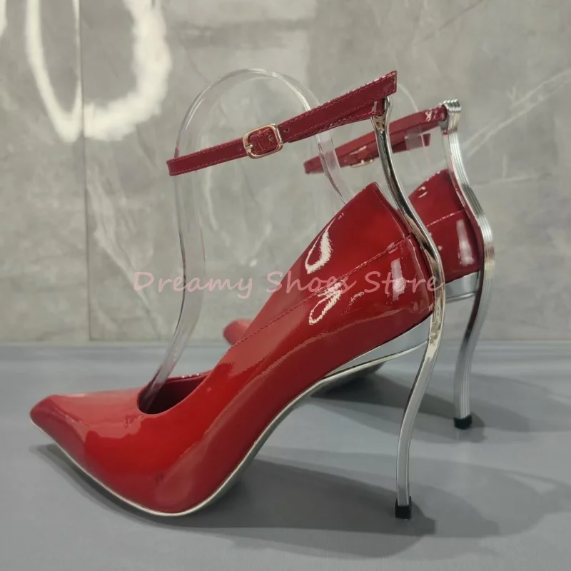 

Red Patent Leather Metal Heel Pointed Toe Pumps Women Buckle Strap Hollow Strange Style High Heels Sexy Fashion Party Dress Shoe