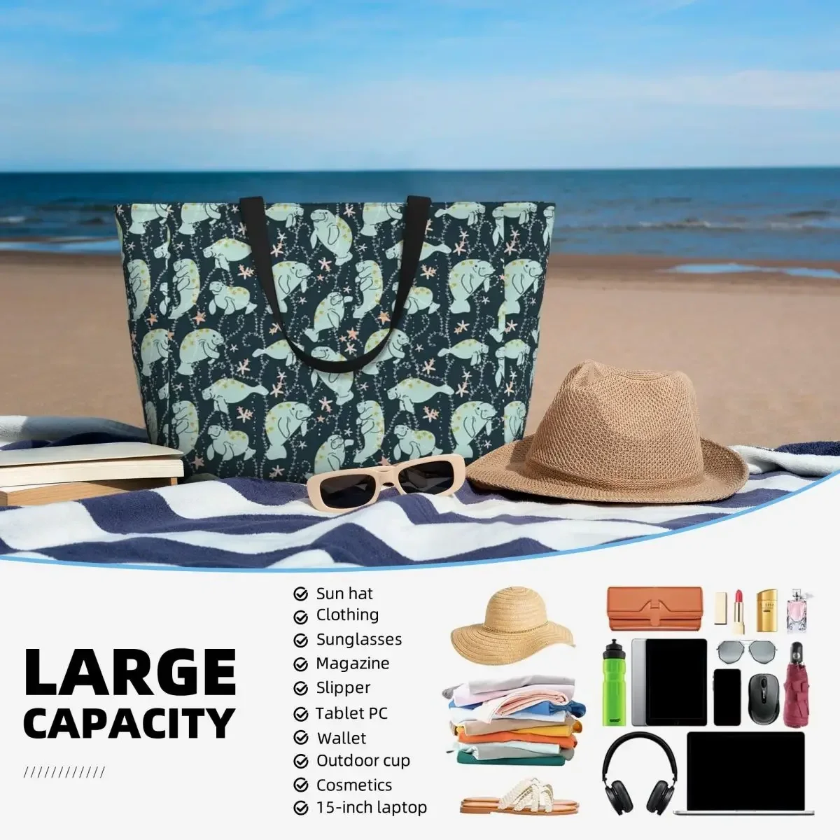 Oh The Hue Manatee Beach Travel Bag, Tote Bag personalità Shopping Out borsa a tracolla modello Multi-stile