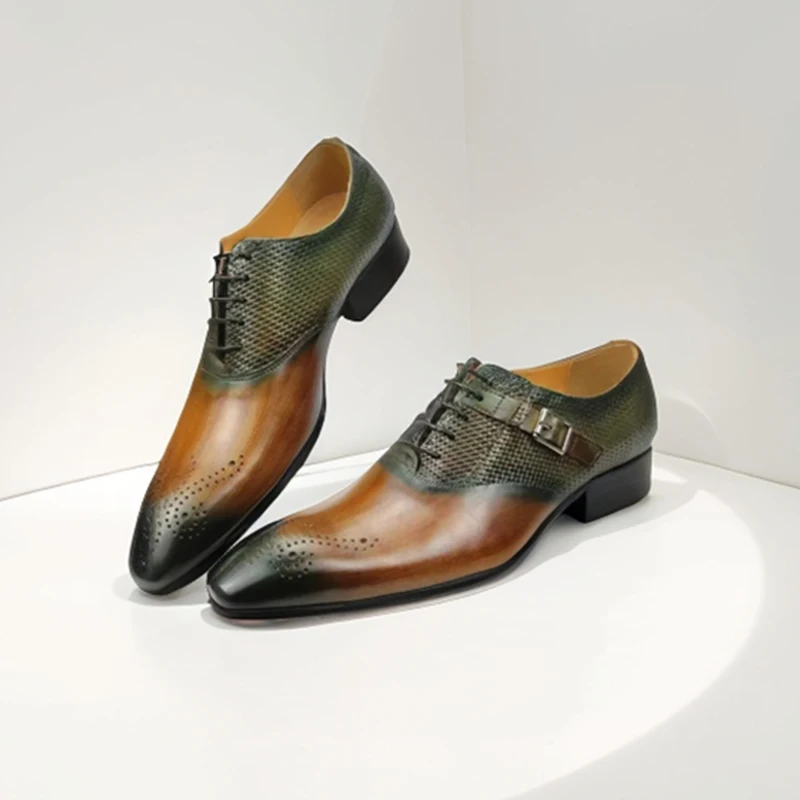 

Monk Shoes Men Calfskin Leather Slip-Ons Patchwork Dress Shoes Pointed Toe Buckle Straps Men Business Wedding Shoes Handmade