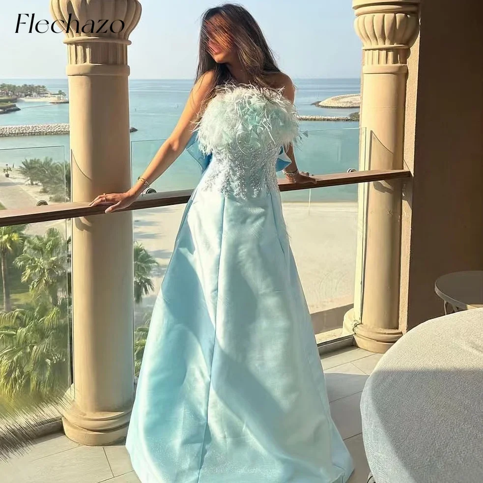 

Flechazo Luxury Satin Prom Dresses Strapless Feathers Beading Elegant Formal Evening Party Dress For Women 2024 فساتين السهرة