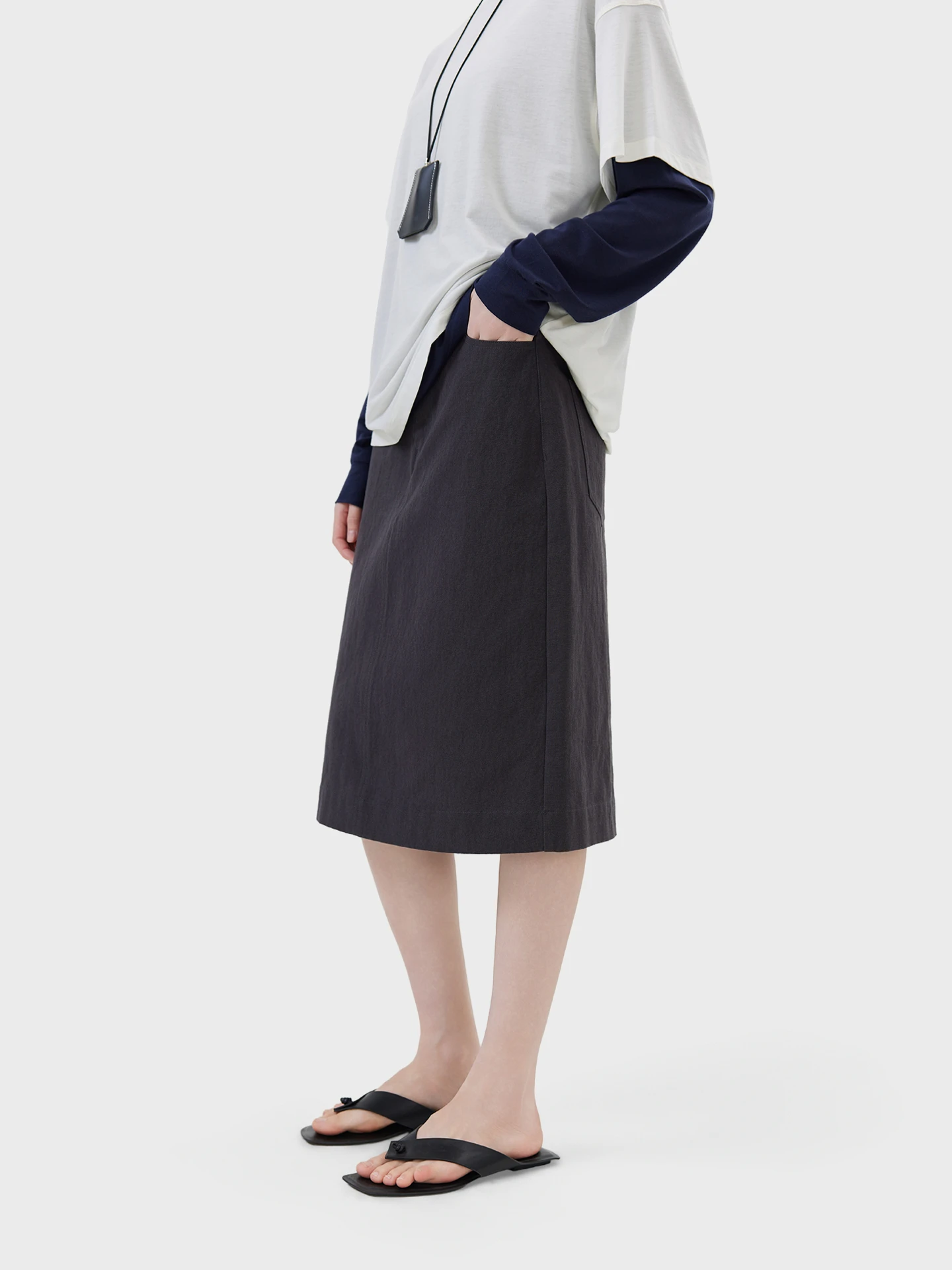 

High Waist Straight Leg Cotton Linen Blend Waed Skirt Retro Filter Women's Premium Faion Spring Season Front Zipper