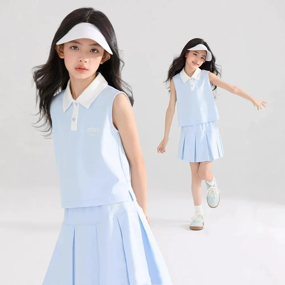 2026 summer tracksuit girls Clothes Children set sleeveless Teenager tennis t shirt tops + short pleated skirt 4 8 10 12 14 year