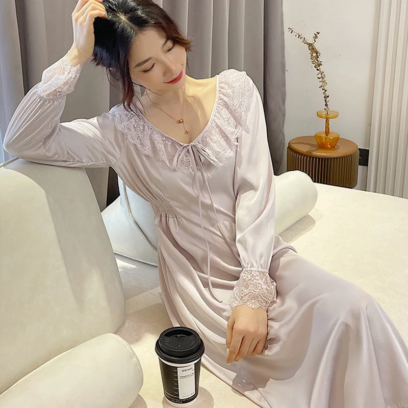 

Female Nightgown Lace Dressing Gown V-Neck Silky Satin Nightdress Women Long Sleeve Robe Sleepwear Nighty Dress Loungewear