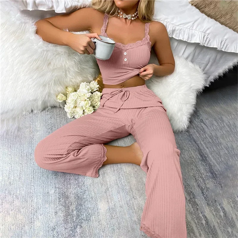 

Spring Autumn Two Piece Pajamas Set for Women Sleepwear Lace Suspenders Tops and Long Trousers Sets Pijamas Loungewear