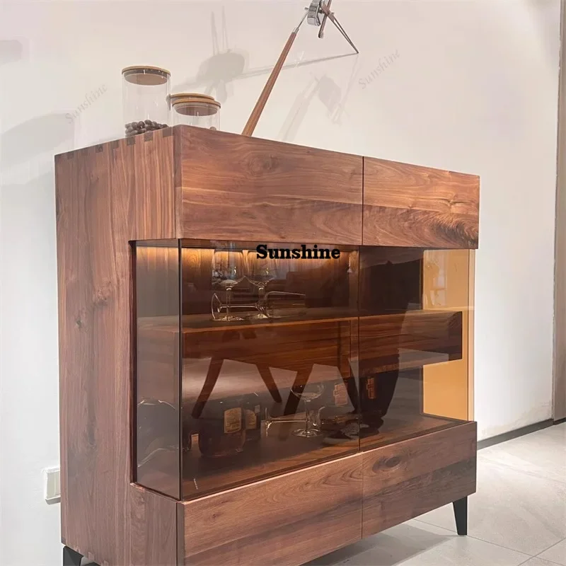 

Black Walnut Solid Wood Sideboards Fluted Buffet Cabinet with 2 Drawers Wine & Coffee Bar Customized Storage Furniture for Home