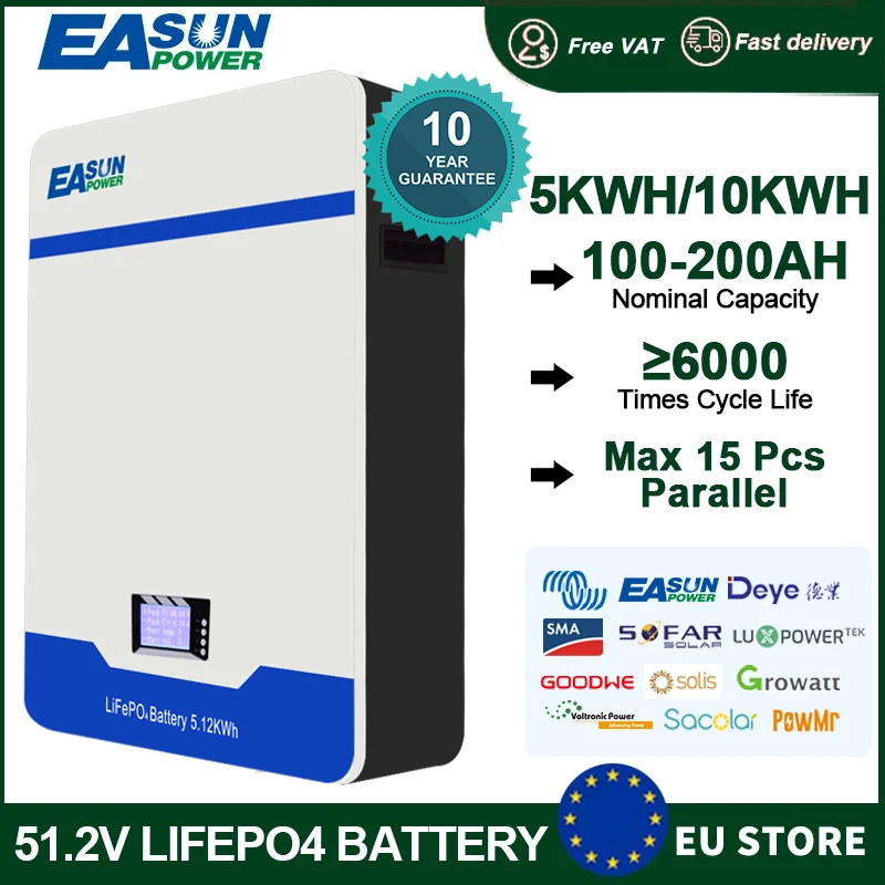 EASUN POWER LiFePO4 Battery Lithium Powerwall 48v 51.2v 100Ah 200Ah 5kwh 6000+ Cycle CAN RS485 BMS Parallel 15p Off/On Grid