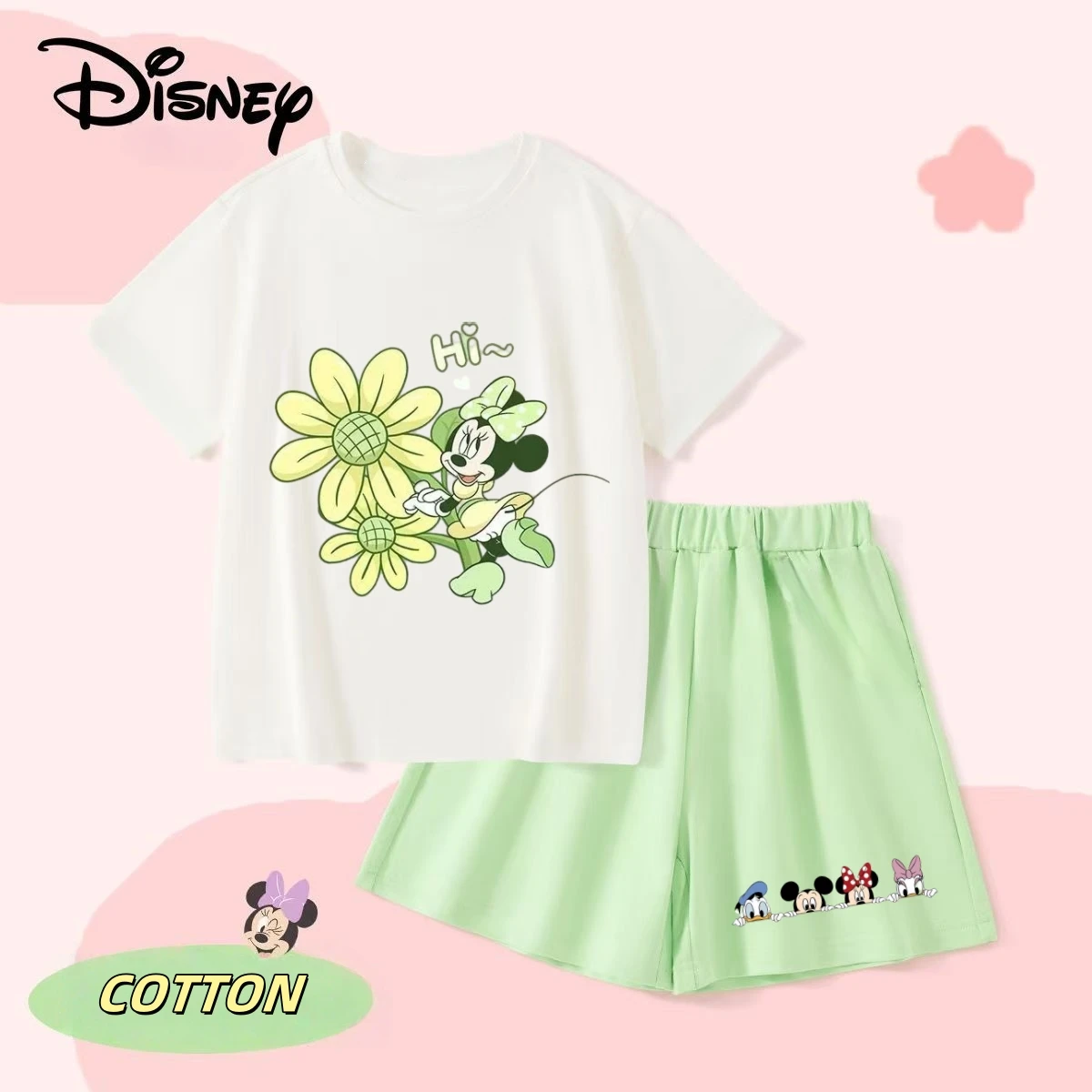 

Летний комплект однотонной хлопковой одежды Disney для маленьких девочек, детские футболки с Минни, топ и шорты, костюм из 2 предметов, детская одежда с короткими рукавами