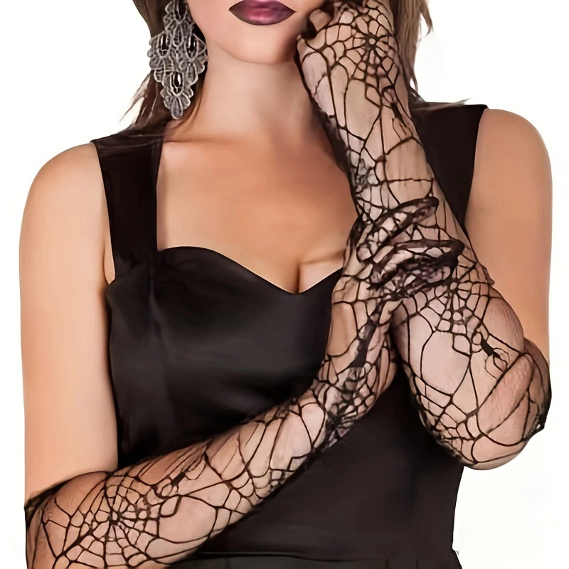 Guantes largos con patrón de telaraña para mujer, manoplas ultrafinas de medio dedo para Halloween, cubierta de brazo, manoplas de rendimiento para Cosplay