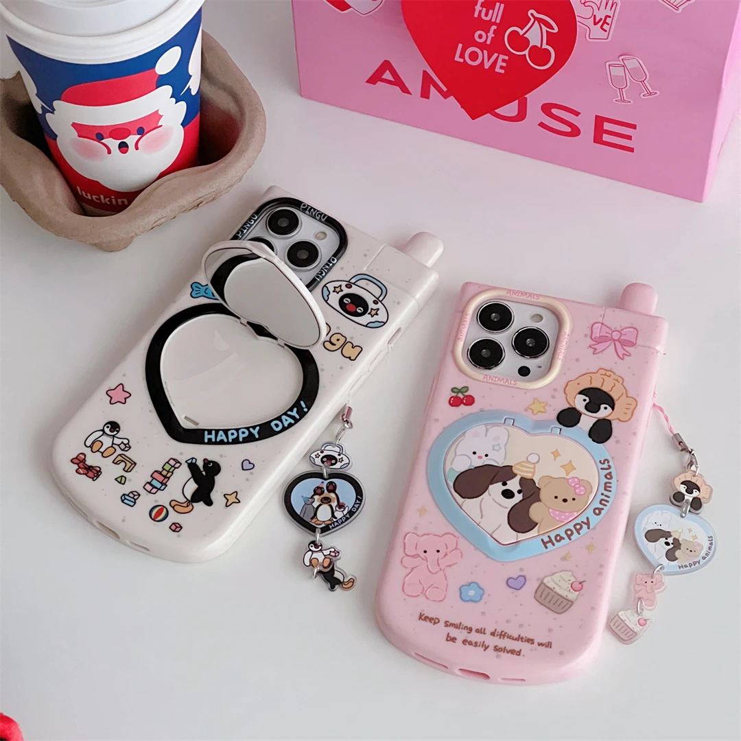 Penguin Small Animals Phone With Lanyard For iPhone 15 14 13 12 11 Pro Max Case Cute Big Brother Mirror bracket Protect Case