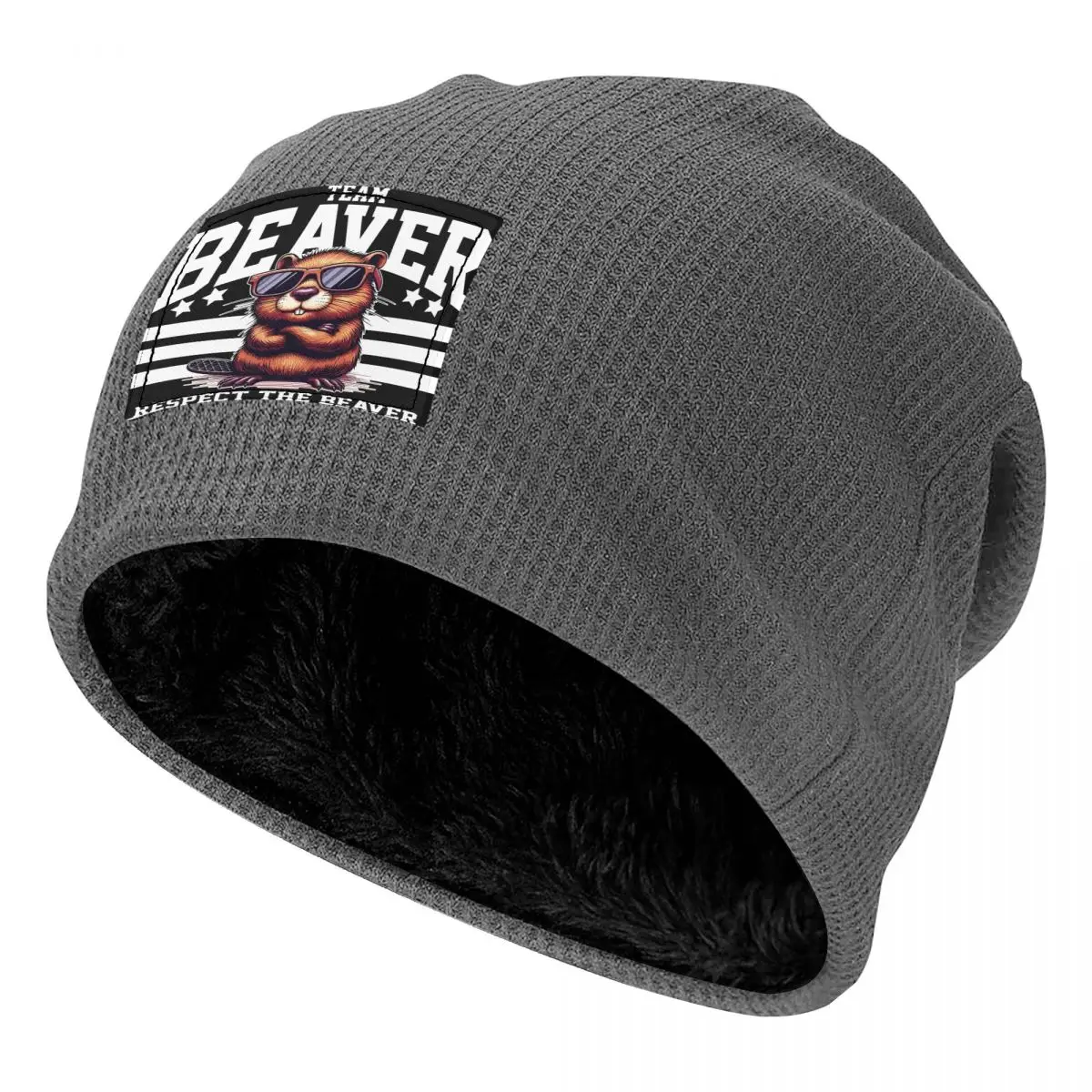 Team Beaver Respect The Beaver Waffle Knit Fleece Lined Beanie with PU Leather Patch Unisex Warm Winter Soft Cap