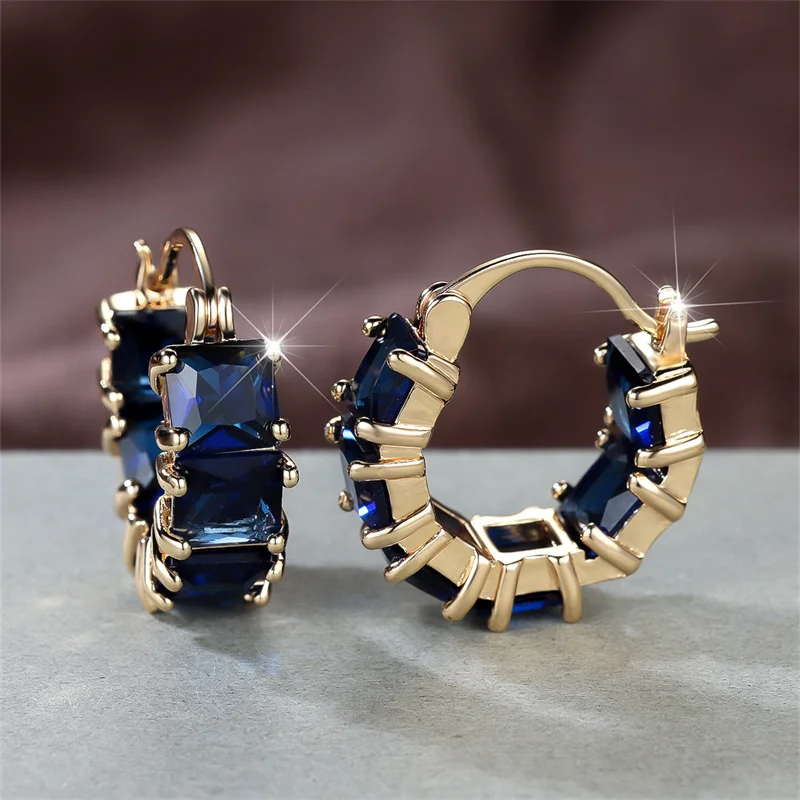 Female Square Zircon U Shaped Hoop Earrings for Women Champagne Golden Color Blue CZ Small Ear Buckle Jewelry Accessories Gifts