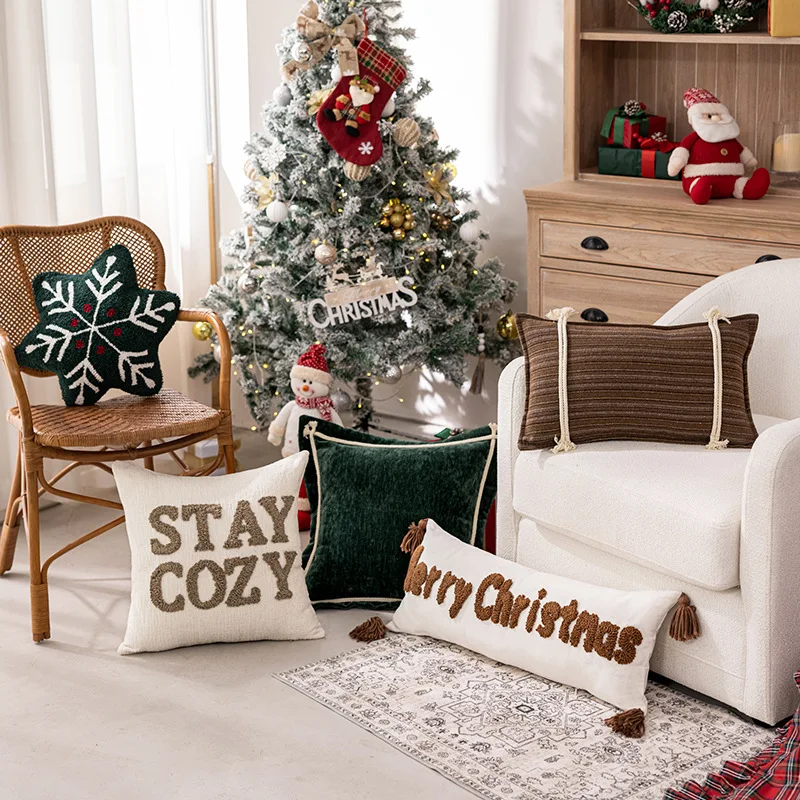 

Christmas Letter Embroidered Pillowcase Cojines Snowflake Christmas Tree Sofa Cushion Cover Holiday Party Decor Pillow Covers