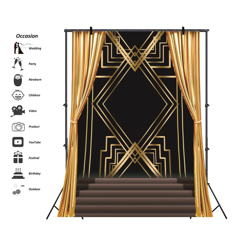 1920s Backdrop Great Gatsby Photo Booth Birthday Men Party Decoration Black and Gold Retro Vintage Roaring 20s Photo Background