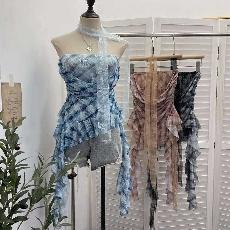 Lace Ribbon Patchwork Draped Neck Mesh Bandeau Top Asymmetrical Form Fitting Cropped Sleeveless Blouse Chic Outfits 8158