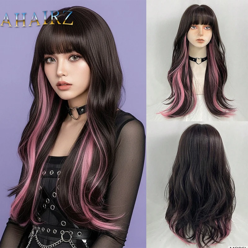 

Synthetic Wig Long Curly Wave Brown Mixed Pink Hanging Ear Color Wig With Bangs For Women Cosplay Lolita Party Fake Hair
