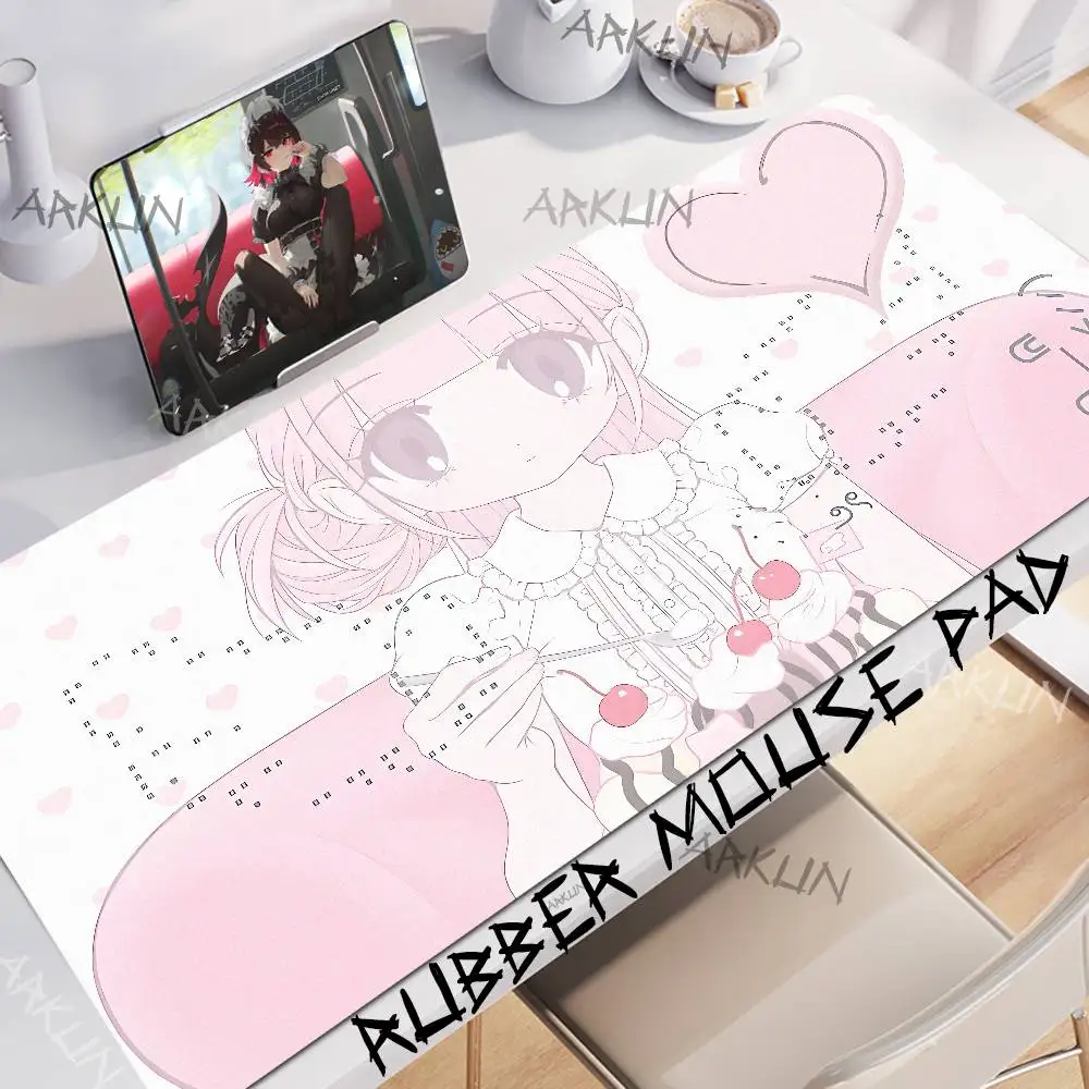 Kawaii Pastel Pink Anime Girl Mouse Pad, Sweet Lolita Girl With Cake Cherry & Heart Background Desktop Mat