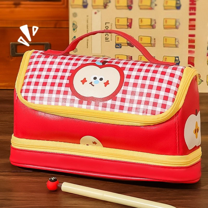 Cartoon Apple Red Grid Handheld Pen Bag Multi Layer Large Capacity Children's Stationery Bag Cute Student Storage Pen Box