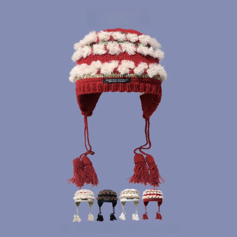 

Красная вязаная шапка с кисточками для женщин, осенне-зимняя дорожная шапка-бомбер, модные и универсальные теплые шапочки