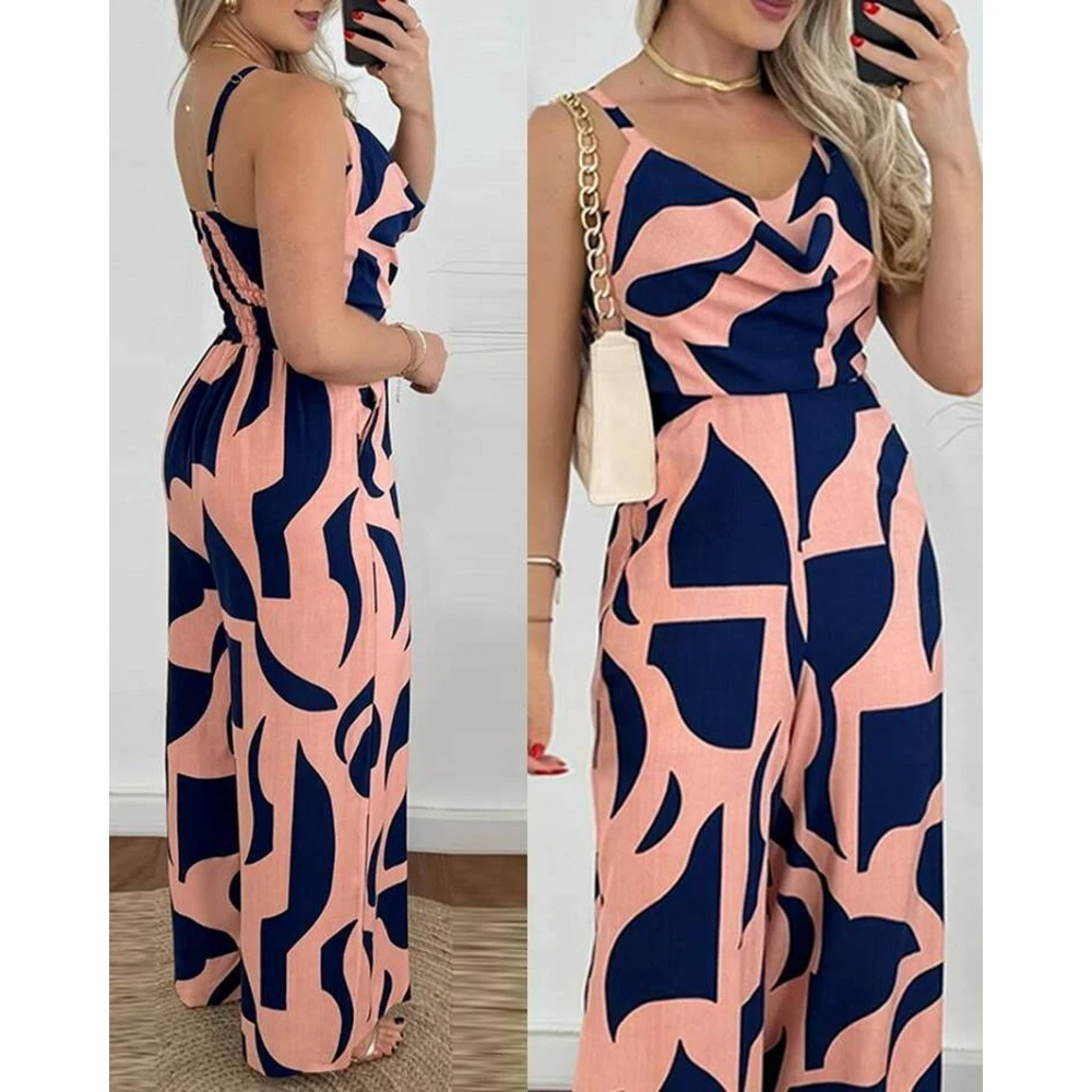 Women Geometric Print Spaghetti Strap Jumpsuits Summer Casual Lady Ruched Wide Leg Jumpsuit V-Neck One Piece New in Clothing