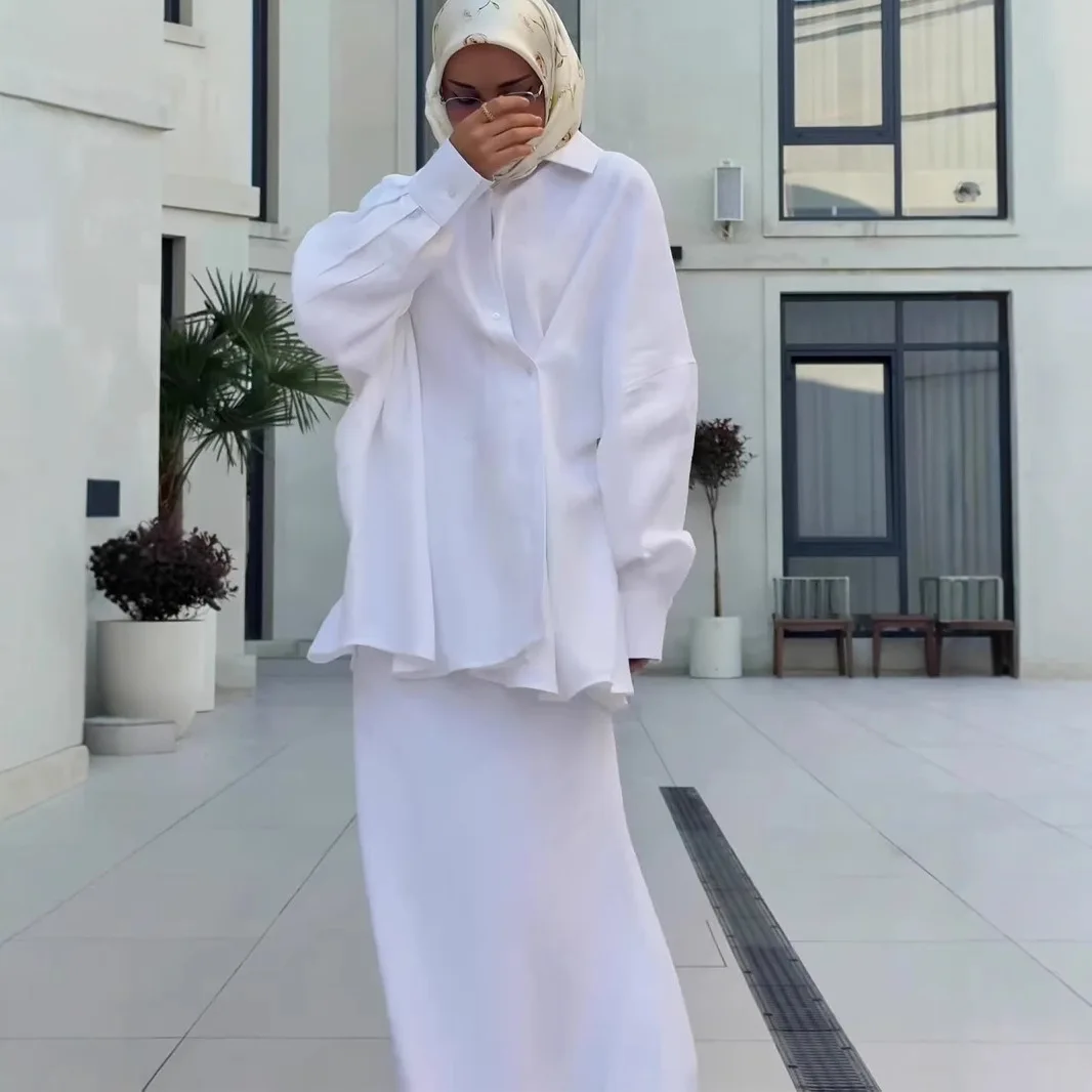 Muslim Skirt Suit Women 2 Piece Set Shirt Top Long Skirts Single Breasted Morocco Dubai Ensemble Arabic Casual Outfits Ramadan