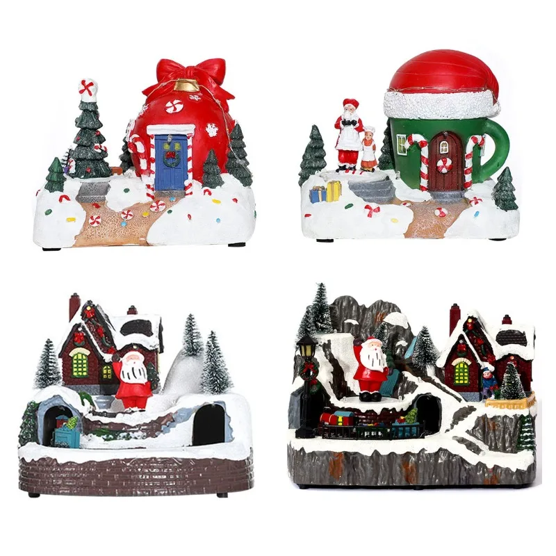 LED Light Rotating Train Ornament Resin Music Box Christmas Home Decoration Gift