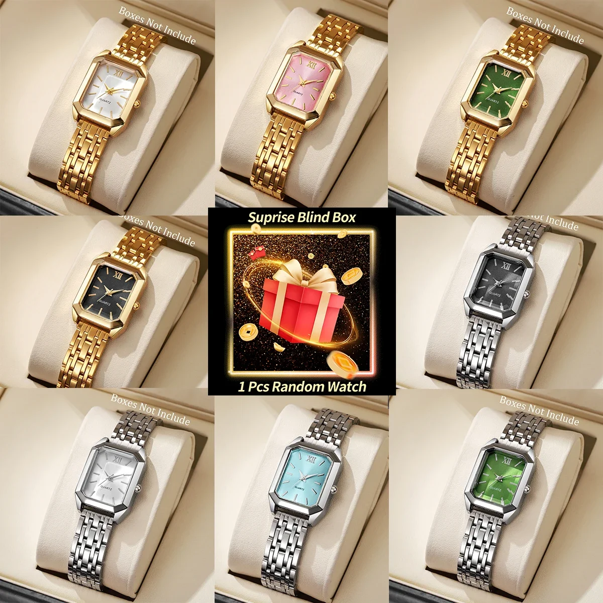 Surprise Blind Box Women Watch Random Luxury Square Quartz Wristwatch Metal Steel Strap Ladies Fashion Dress Watch